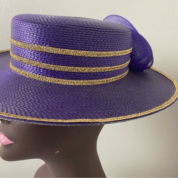 Derby Style Purple Sparkly Metallic Gold Trim Women Church Hat with Bow main image 16